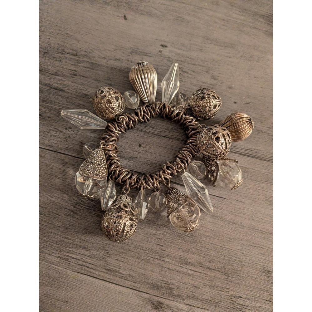 Silver Tone Ornate Filigree Charm Stretch Bracelet with Clear‎ Crystal Accents